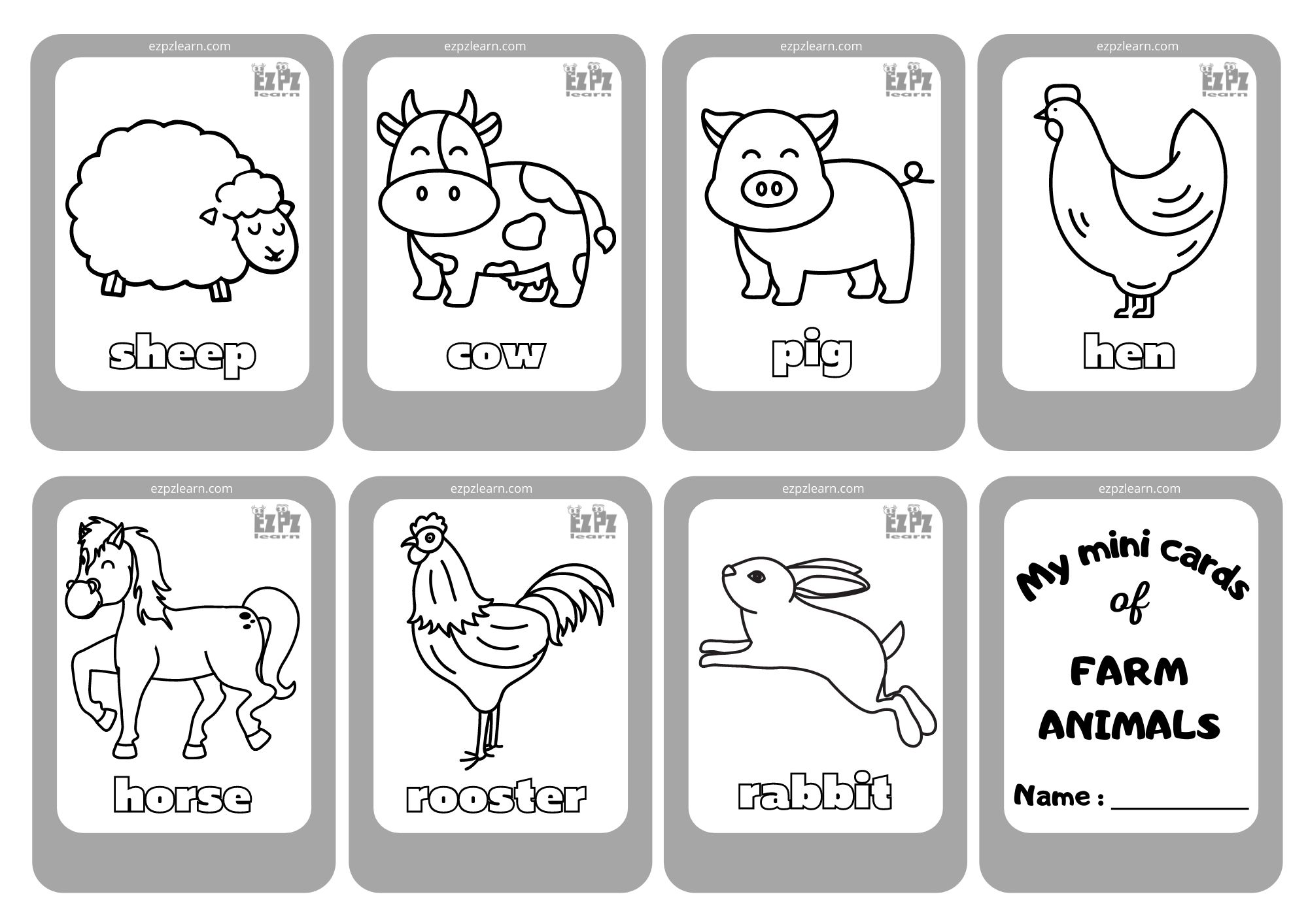 Farm Animals 2 Mini Cards Coloring - Ezpzlearn.com